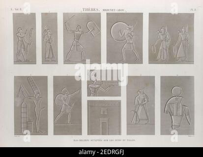 Thèbes. Medynet-Abou (Medinet Habu). Bassorilievi scultés sur les murs du palais Foto Stock