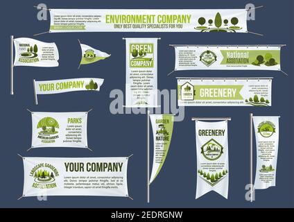 Bandiera verde eco di strada di affari, bandiera e modello di nastro. Natura paesaggio di parco alberi, verde e simboli prato con layout di testo per il paesaggio ar Illustrazione Vettoriale