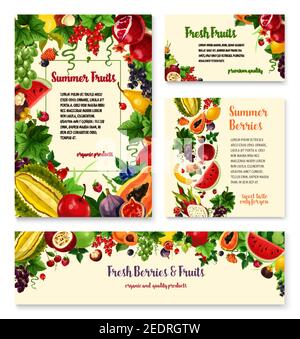 Striscioni di frutta e frutti di bosco. Mela, fragola e ciliegia, banana, uva e papaia, limone, anguria e pesca, pera, mirtillo e drago, pomegr Illustrazione Vettoriale