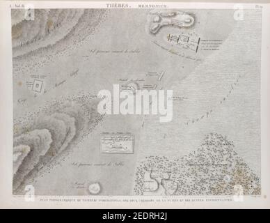 Thèbes. Memnonio (Ramesseum). Plan topographique du tombeau d'Osymandyas (User-Maat-Re), des deux coilloses de la plaine et des Ruines environnantes Foto Stock