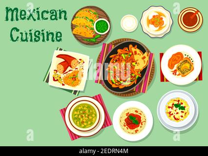 Taco icona della cucina messicana servita con salsa di guacamole all'avocado, pepe farcito con carne, involtini di manzo, zuppa di fagioli di mais, fajitas di verdure di pollo, pasta wi Illustrazione Vettoriale