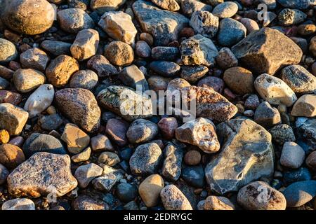 Pietre di ciottoli su una spiaggia al fiordo di Vejle, Danimarca Foto Stock