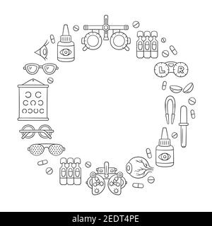 Set per oftalmologia disegnato a mano. Lenti a contatto, bulbo oculare, occhiali, foropter e altro ancora. Gli oggetti di doodle di Optometria Illustrazione Vettoriale