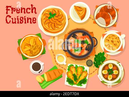 Cucina francese popolari piatti nazionali icona di zuppa di cipolla con formaggio, zuppa di pesce, funghi casseruola julienne, croissant, baguette, manzo in Illustrazione Vettoriale