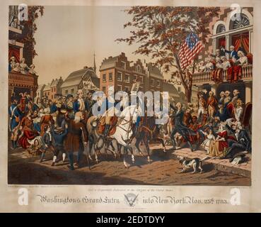 Il grande ingresso di Washington a New York, 25 novembre 1783. Scenografia giunzione 3d Ave. E la Bowery Foto Stock