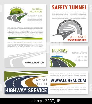 Striscioni per aziende di servizi autostradali per costruzioni di sicurezza in gallerie e autostrade. Serie di biglietti da visita vettoriali per le autostrade, percorsi di trasporto per tra Illustrazione Vettoriale