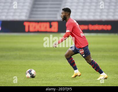 Jonathan Bamba di Lille durante il campionato francese Ligue 1 partita di calcio tra Lille OSC (LOSC) e Stade Brestois 29 (Brest) il 14 febbraio 2021 allo Stade Pierre Mauroy a Villeneuve-d'Ascq vicino Lille, Francia - Foto Jean Catuffe / DPPI / LiveMedia/Sipa USA Foto Stock