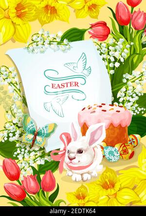 Vacanze di Pasqua e poster di caccia all'uovo. Coniglio di Pasqua coniglietto, uovo decorato e torta, circondato da fiori di primavera di tulipano, narciso, giglio della valle Illustrazione Vettoriale