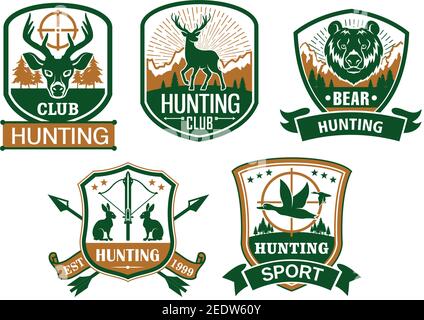 Icone di club di caccia. Hunter simboli di sport con animali selvatici cervo o alci, orso grizzly, coniglio o lepre e anatre. Caccia vettore di avventura badge e ri Illustrazione Vettoriale