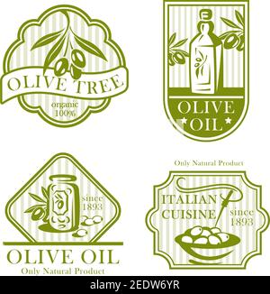 Set di etichette e icone per olio d'oliva. Ramo di olivo per la cucina italiana, confezionamento di prodotti alimentari extra vergine. Simboli vettoriali per alimenti naturali organici st Illustrazione Vettoriale