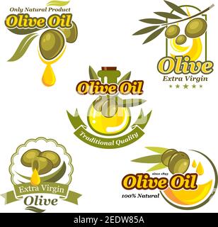 Set di icone vettoriali per olio d'oliva per modelli di etichette di bottiglie e prodotti. Olive verdi e olio organico extra vergine goccia per azienda o mercato, co Illustrazione Vettoriale