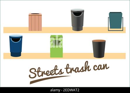 Raccolta strade cestino. Illustrazione piatta dei bidoni della spazzatura della strada e in-house. Contenitori per rifiuti in metallo e plastica. Gruppo vettoriale. Illustrazione Vettoriale