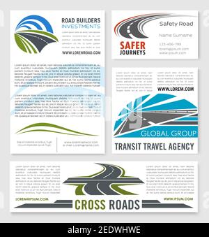 Costruzione stradale e società di investimento modelli vettoriali di banner e. biglietto da visita aziendale per l'agenzia di viaggi di transito o autostrada o. sicurezza dell'autostrada Illustrazione Vettoriale