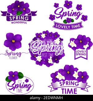 Citazioni di saluto primavera e fiori isolati design. Modelli vettoriali per la primavera di benvenuto e meravigliosa primavera con corona floreale di violette o. Illustrazione Vettoriale