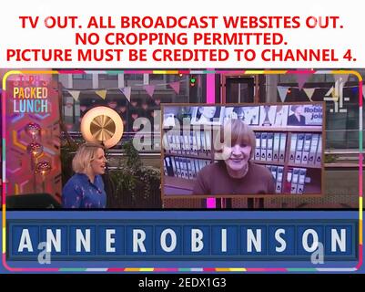 USCITA TV. TUTTI I SITI WEB BROADCAST. Nessun ritaglio consentito. Screengrab tratto dal pranzo al sacco di Steph sul canale 4 che mostra la presentatrice della TV Anne Robinson che è stata presentata come la prima ospite femminile di Countdown. Si unirà al matematico Rachel Riley e al lessicografo Susie Dent nello spettacolo diurno del canale 4. Data di emissione: Lunedì 15 febbraio 2021. Foto Stock