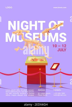 Poster della notte dei musei. Evento internazionale per rimanere aperto fino a tarda notte mostre. Cartoni animati vettoriali di mostre preistoriche, scheletro di dinosauri e animali fossili estinti Illustrazione Vettoriale