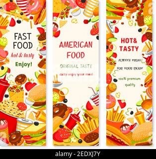 Hamburger fast food, hot dog e striscioni menu pizza per il modello di design fast food. Patatine fritte vettoriali e burrito, cheeseburger sandwich e. Illustrazione Vettoriale