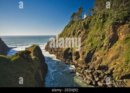 Costa vicino al faro di Heceta Head visibile in lontananza sulla scogliera vicino a Firenze, Oregon, Stati Uniti Foto Stock