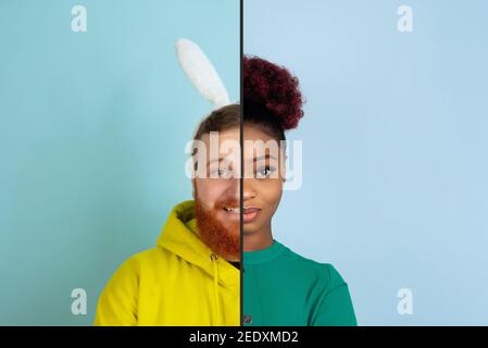 Uomo smiley e calma donna carina. Divertente e creativa combinazione di ritratti di giovani con diverse emozioni, varie espressioni facciali su sfondo multicolore diviso. CopySpace per l'annuncio. Foto Stock