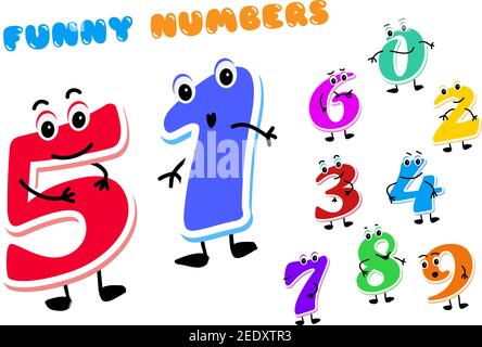 Set di divertenti personaggi cartoon Numbers. Personaggi bambini uno, due, tre, quattro, cinque, sei, sette, otto, nove zero Vector illustrazione isolato su bianco Illustrazione Vettoriale