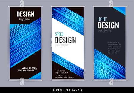 Banner Roll-up luminoso con linee blu su sfondo scuro. Impostare i banner verticali con una posizione vuota per il testo. Progettare lo sfondo grafico vettoriale astratto. Illustrazione Vettoriale