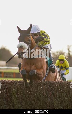 Harry Skelton cavalcando Allhankind sulla loro strada per vincere la caccia dei novizi del Kingmaker britannico di Agetur all'ippodromo di Warwick. Data immagine: Lunedì 15 febbraio 2021. Foto Stock