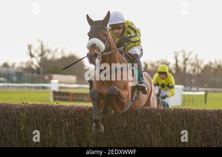 Harry Skelton cavalcando Allhankind sulla loro strada per vincere la caccia dei novizi del Kingmaker britannico di Agetur all'ippodromo di Warwick. Data immagine: Lunedì 15 febbraio 2021. Foto Stock