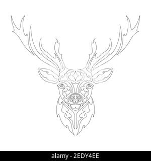 Ritratto astratto disegnato a mano di un cervo. Illustrazione grafica vettoriale stilizzata per tatuaggio, logo, decorazioni da parete, stampa di T-shirt o outwear. Questo disegno Illustrazione Vettoriale