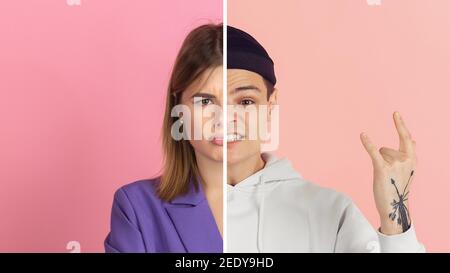 Donna offesa, uomo arrabbiato. Divertente e creativa combinazione di ritratti di giovani con diverse emozioni, varie espressioni facciali su sfondo multicolore diviso. CopySpace per l'annuncio. Foto Stock