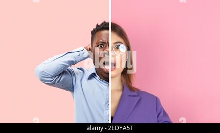 Uomo scioccato, donna stupita. Divertente e creativa combinazione di ritratti di giovani con diverse emozioni, varie espressioni facciali su sfondo multicolore diviso. CopySpace per l'annuncio. Foto Stock