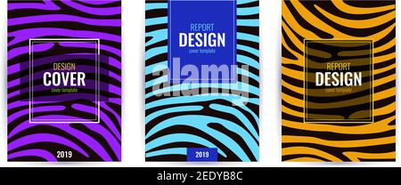 Set Design poster marrone, blu e viola con tessuto della pelle tigre. Sfondo grafico astratto. Modello luminoso universale per una copertina con testo. Vettore Illustrazione Vettoriale