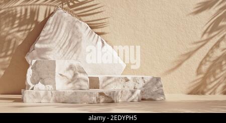 Minimal mockup con podio premium in lastre di pietra naturale e ombre di foglia di palma sulla parete marrone. illustrazione del rendering 3d. Foto Stock
