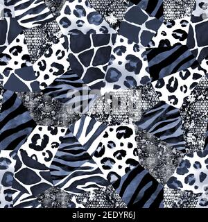 Imitazione trendy cucito pezzi di tessuto in stile patchwork. Acquerello disegno a mano moderno collage motivo senza giunture. Texture sicura con stampe animali Foto Stock