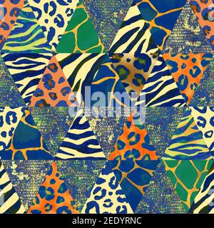 Imitazione trendy cucito pezzi triangolari di tessuto in stile patchwork. Acquerello disegno a mano moderno collage motivo senza giunture. Texture sicura con anim Foto Stock