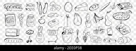 Alimenti da drogheria acquisto doodle Set. Raccolta di pane fresco artigianale formaggio verdure frutta uova pesce pizza biscotti dolci salati latticini acquistati in supermercato su sfondo trasparente Illustrazione Vettoriale