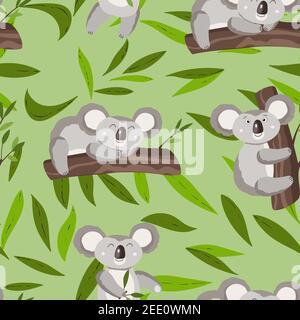 Modello senza cuciture con simpatico bambino koala e foglie su sfondo a colori. Divertenti animali australiani. Carta, cartoline per bambini. Illustrazione vettoriale piatta per Illustrazione Vettoriale