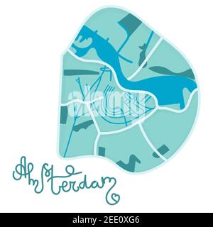 Cartoni animati colorati mappa del centro di Amsterdam. Divertente carino europeo Paesi Bassi mappa della città. Illustrazione vettoriale. Illustrazione Vettoriale