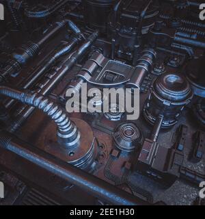 sfondo fantascientifico astratto con cavi e tubi. rendering 3d. Foto Stock