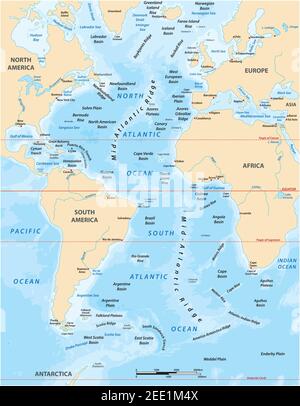 Mappa vettoriale dettagliata dell'Oceano Atlantico Illustrazione Vettoriale