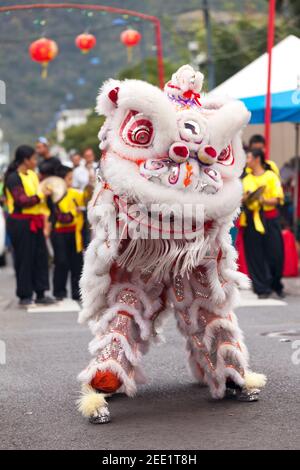 Saint Denis, Reunion Island - 07 2015 agosto: Artisti che indossano il tradizionale costume da leone e ballano durante il Guan di Festival. Foto Stock