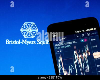 In questa illustrazione della foto, le informazioni del mercato azionario di Bristol Myers Squibb sono visualizzate su uno smartphone mentre il logo Bristol Myers Squibb è visualizzato sullo sfondo. Foto Stock