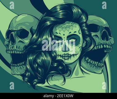 Ragazza morta con due teschi di zucchero. Vettore Illustrazione Vettoriale