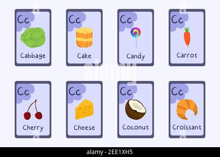 Flashcard colorata phonics lettera C - cavolo, torta, caramella, carota, ciliegia, cheesse, cocco, croissant. Carte ABC a tema alimentare per insegnare la lettura con cibi, verdure, frutta e noci. Illustrazione Vettoriale