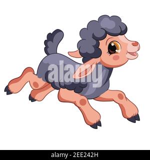 Simpatico personaggio nero di agnello. Animale carino. Illustrazione vettoriale isolata su sfondo bianco. Per biglietti, poster, design, saluti, adesivi, Illustrazione Vettoriale