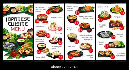 Menu del ristorante di cucina giapponese. Menu di piatti giapponesi con frutti di mare, insalate di verdure al rood e dessert di ghiaccio kakigori. Piatti con salsa di miso, riso An Illustrazione Vettoriale