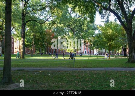 BOSTON, STATI UNITI - Giugno 12, 2007: Il parco della Harvard University a Boston. La gente siede sull'erba e sta discutendo Foto Stock