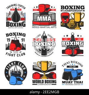 Campionato di boxe, club di lotta MMA e emblemi della scuola di arti marziali. Accademia mista di arti marziali, icona del centro di allenamento Muay Thai. Guanti di boxe e hea Illustrazione Vettoriale