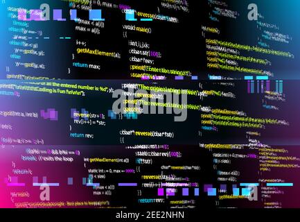 Sfondo astratto con parti di codice del programma con glitched. Vector schermo nero monitor con distorsione e effetto glitch, errore del computer o bug. Sfondo w Illustrazione Vettoriale
