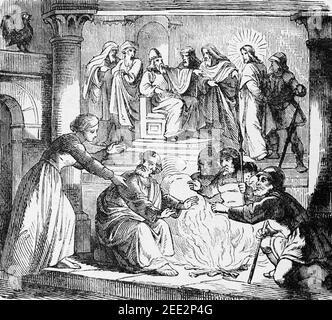 La negazione di San Pietro e la disputa di Giuda, scena del nuovo Testamento, Histoire Biblique de L´Ancien Testamento, Foto Stock