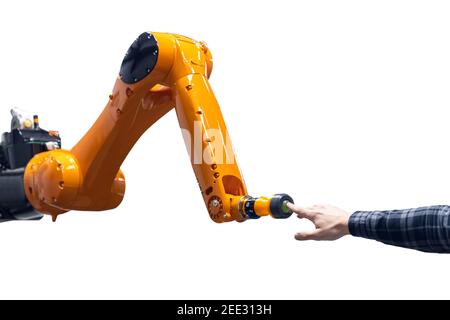 La comunicazione informatica futuristica tocca la mano dell'operatore umano del robot con l'intelligenza artificiale che unifica il gesto. Foto Stock